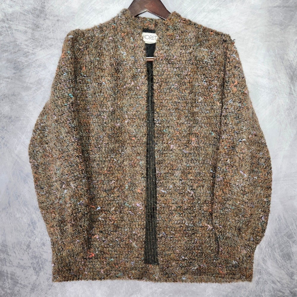 Vintage 70s Mohair Boucle Zip Jacket Union Made Brown Flecked Tweed Knit Small